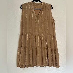 Salty Lemon Gold Sequin Gauzy Sleeveless Swing Mini Dress in Tan. Size L